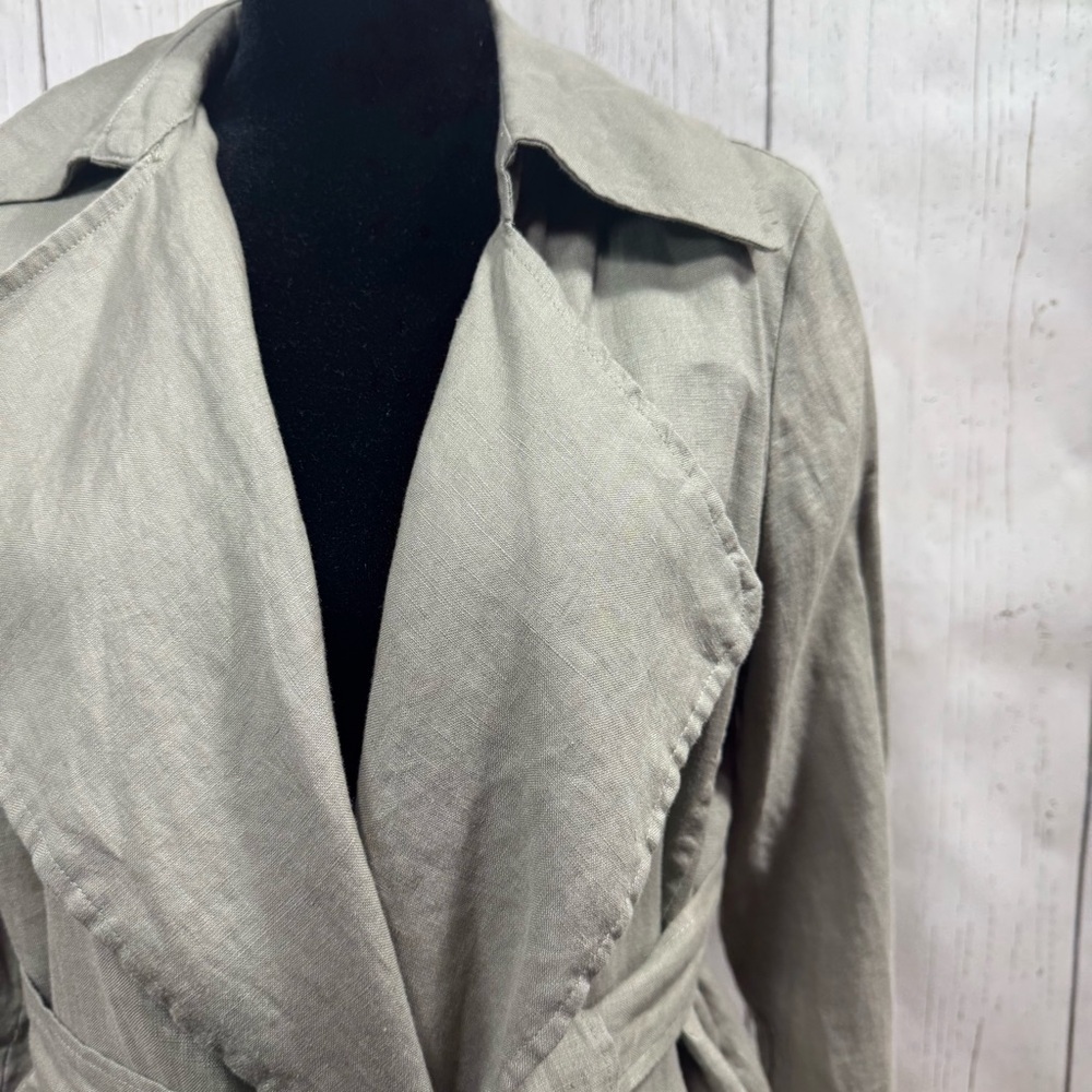 Cynthia Rowley 100% Linen Trench Coat Green Belted Size S Minimalist Lightweight - Picture 5 of 14